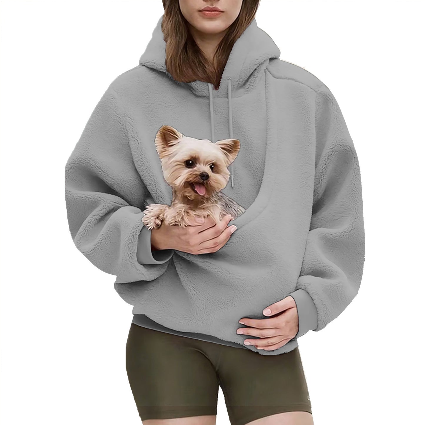 2025 Amazon new model, European, American autumn and winter cross-border solid color hooded plush pet pocket loose pullover sweater women