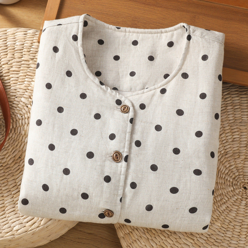 Real shot 2025 autumn and winter new polka dot cotton and linen cotton clothes vest warm literary and retro cotton padded vest short jacket