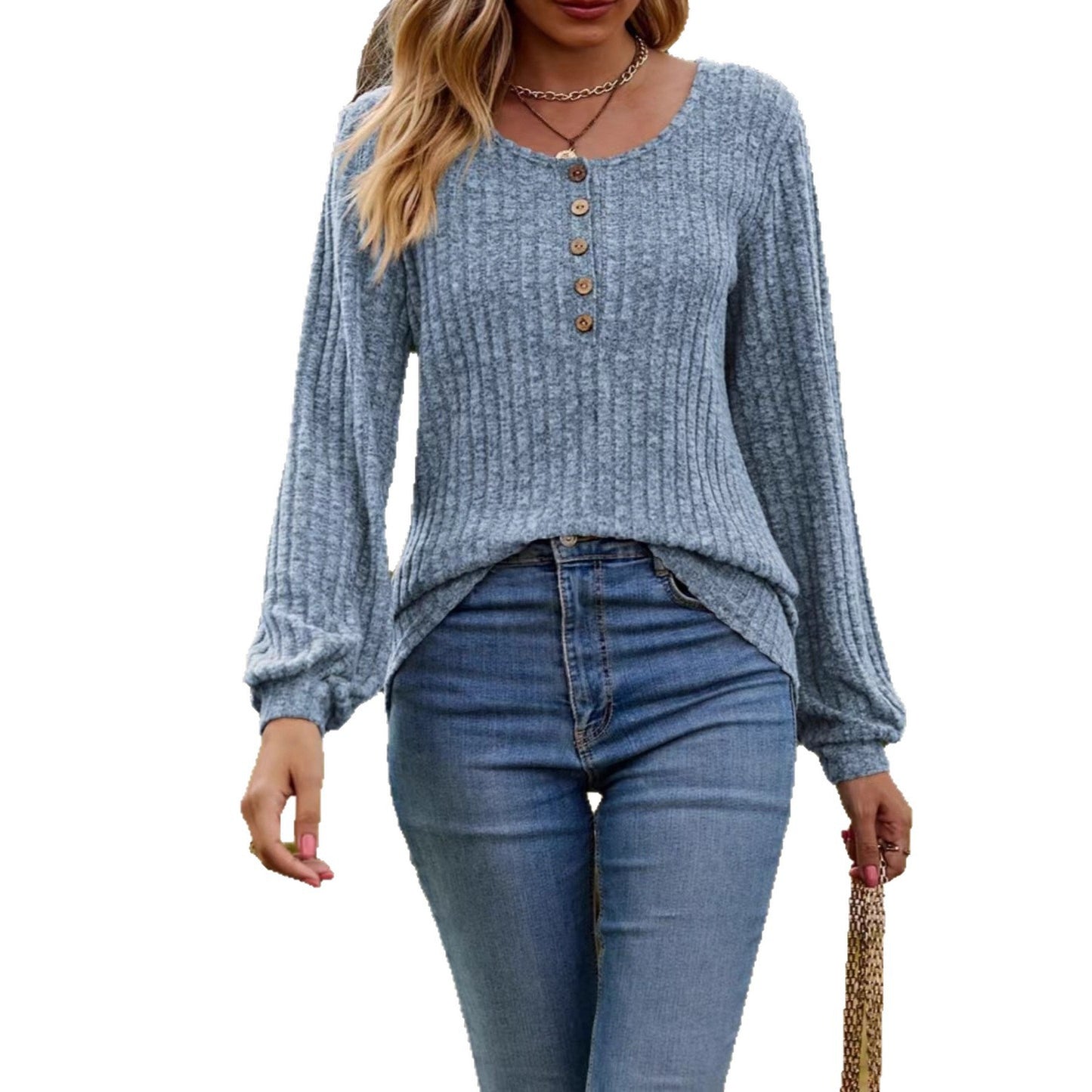 Spot cross-border new women's clothing Amazon women's round neck pit strip polished solid color button splicing long-sleeved T-shirt