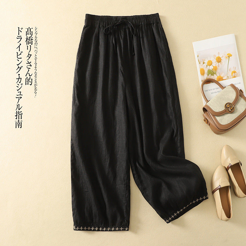 Real shot 2025 summer new cotton and linen retro literary and artistic embroidered bloomers women's lace-up elastic waist loose casual pants