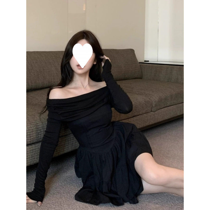 Pure desire Spice Girl one-word shoulder long-sleeved dress women's autumn high-end temperament tutu skirt waist small short skirt