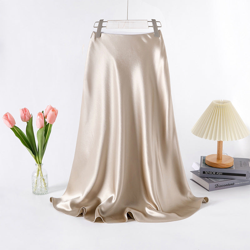 Fried Street Elastic Waist Acetic Acid Skirt High-end Silky 2025 Spring and Summer New Over-the-Knee Swing Skirt