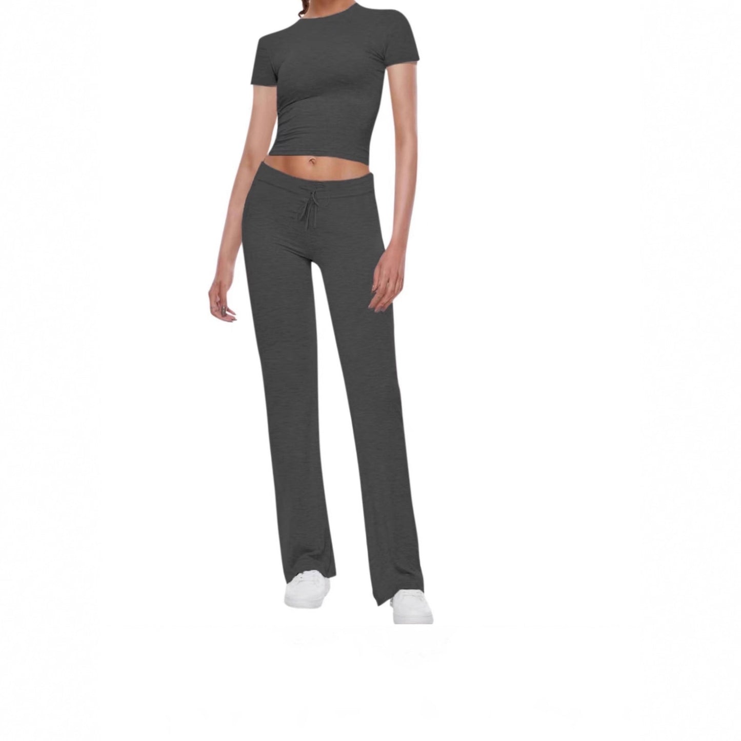 Cross-border 2025 American basic casual solid color T-shirt casual pants flanged waist short-sleeved Spice Girls sports suit