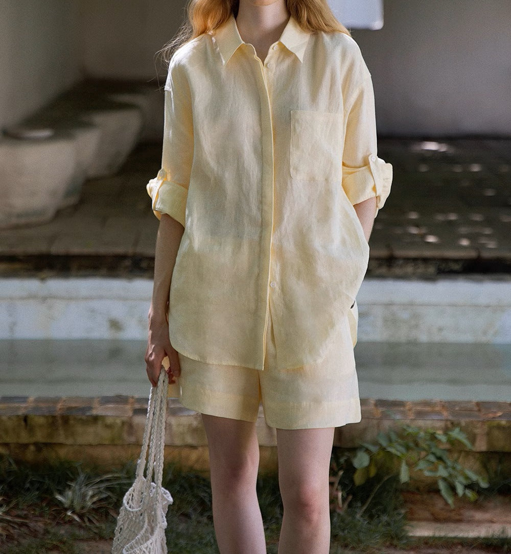 COUNTOME Slack Summer/Lazy Casual Style Full Linen Roll Shirt/Shorts Sunscreen Set