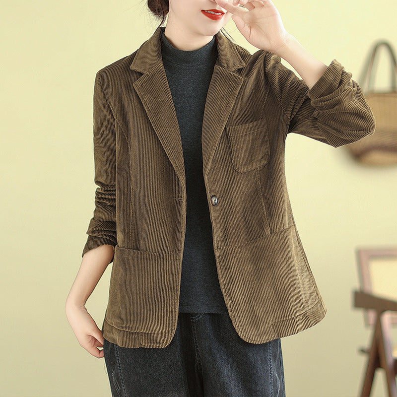 Real shot 2025 spring new casual solid color corduroy women's long-sleeved jacket small suit #9509