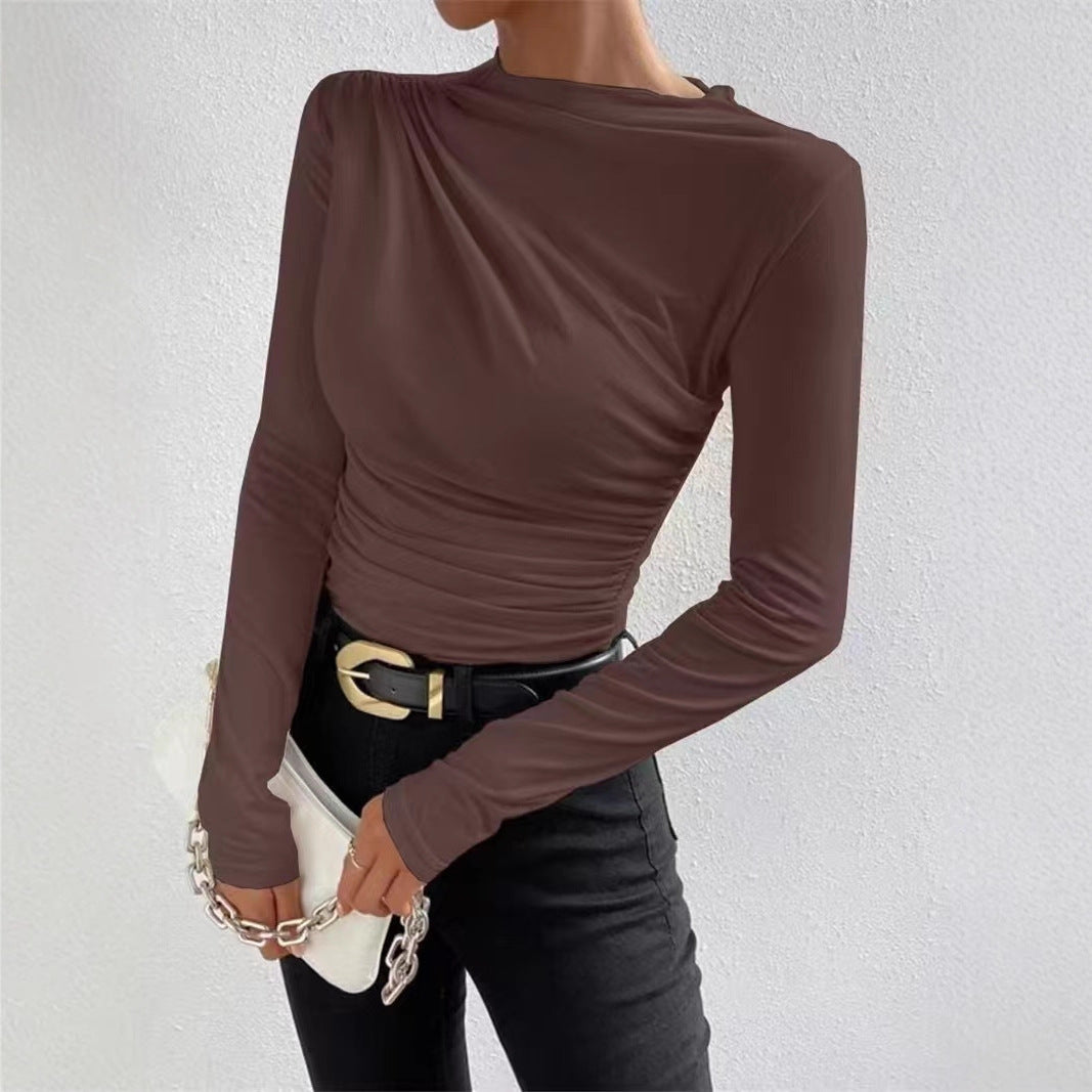 2025 Amazon Europe and the United States cross-border Spice Girls new design sense pleated versatile long-sleeved T-shirt slim women's solid color