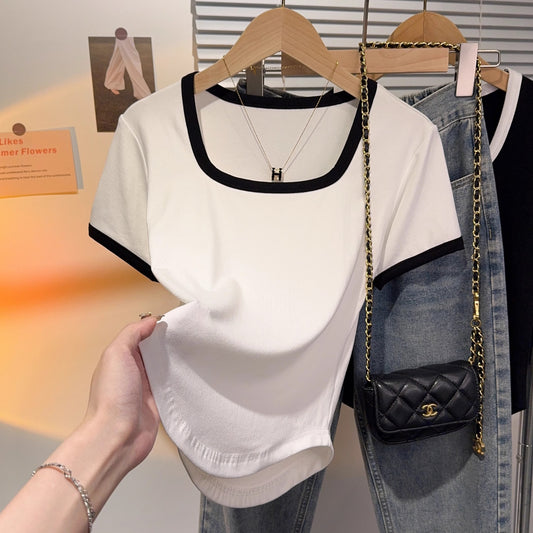 Threaded square neck contrasting color short-sleeved women's slim T-shirt versatile foreign style top 2025 new curved hem bottoming shirt