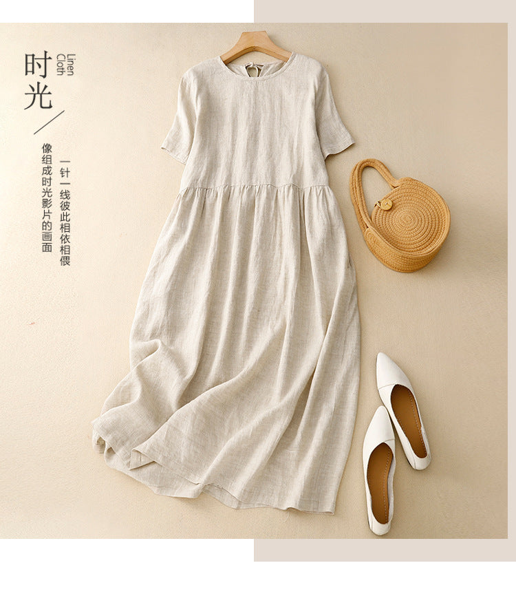Real shot 2025 summer new literary loose solid color cotton and linen round neck short-sleeved dress women's medium and long #8802