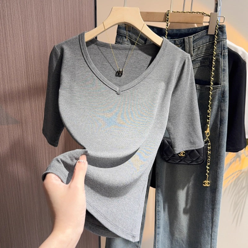 White medium-sleeved t-shirt women's knitted sweater spring and autumn summer basic V-neck bottoming shirt with five-quarter-sleeved top and t-shirt