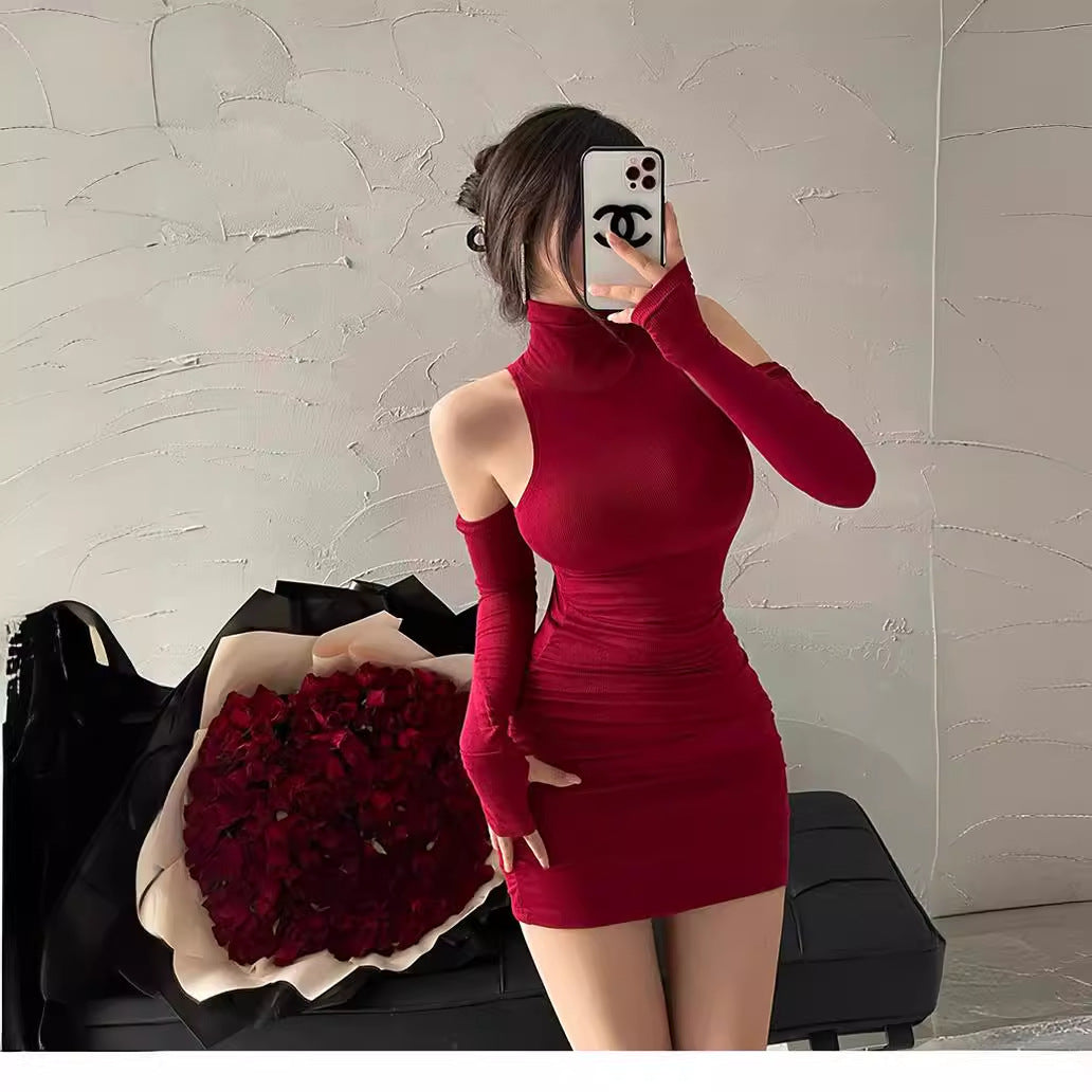 Spring sexy turtleneck 2026 new dress Spice girl sweet and tight pure desire wind neck hip skirt children