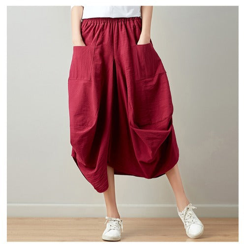 Real shot 2025 summer new literary loose solid color cotton and linen elastic waist skirt lantern skirt woman #1381 #