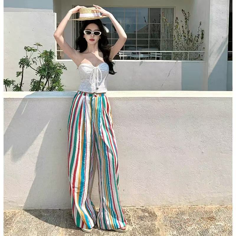 Dopamine Rainbow Stripe High Waist Mopping Casual Pants Women's Summer Seaside Vacation Loose Wide Leg Pants