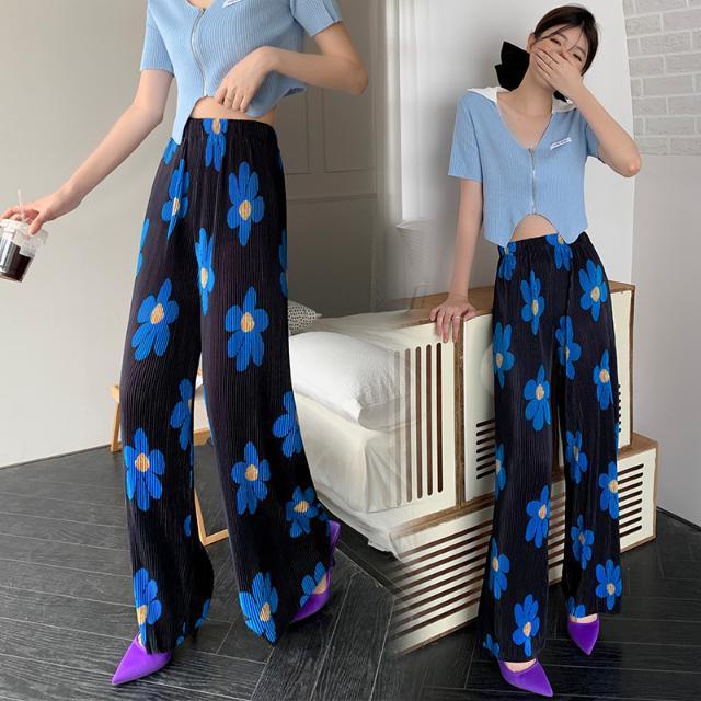 Korean version of women's clothing colored flower printing wide-leg pants high waist drape and thin straight pleated casual pants mosquito-proof wholesale