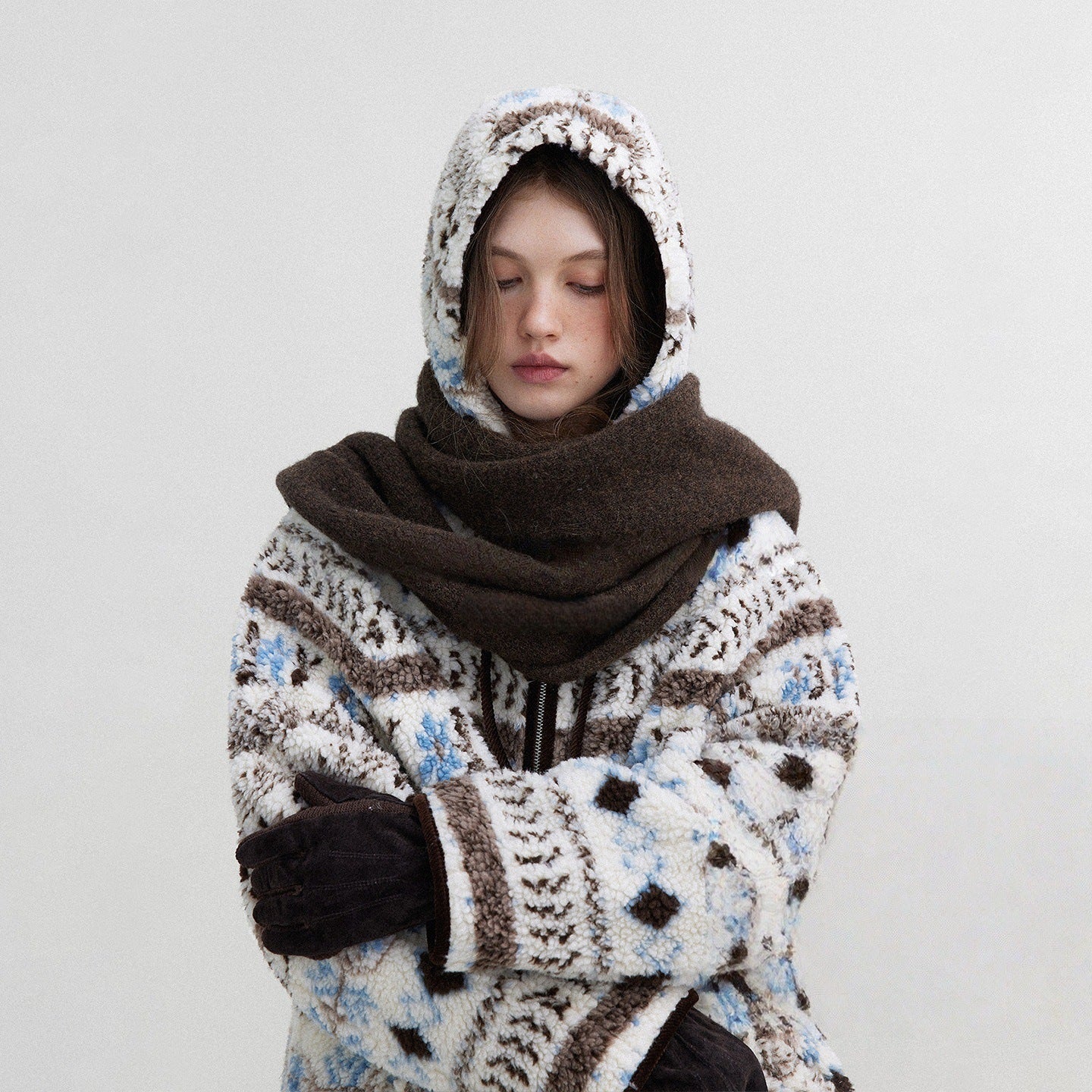 Snowy glacier snowman pattern Fair Island imitation lamb wool cotton jacket padded cotton jacket women's winter