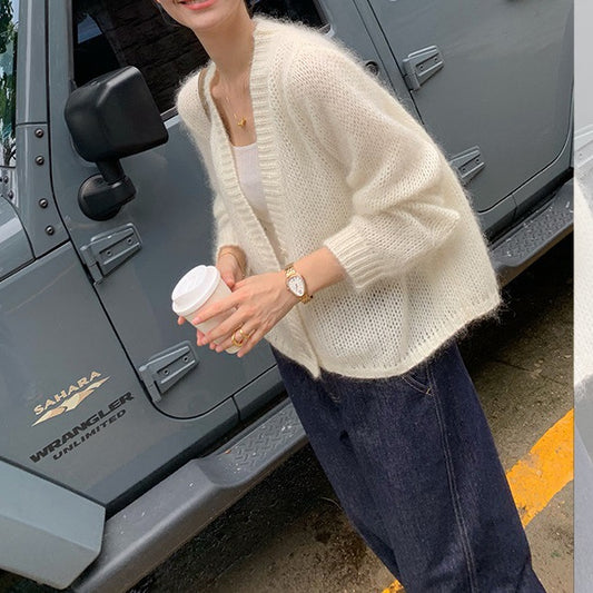 Transitional season knitted, soft cardigan lazy mohair small coat women's early autumn long-sleeved top