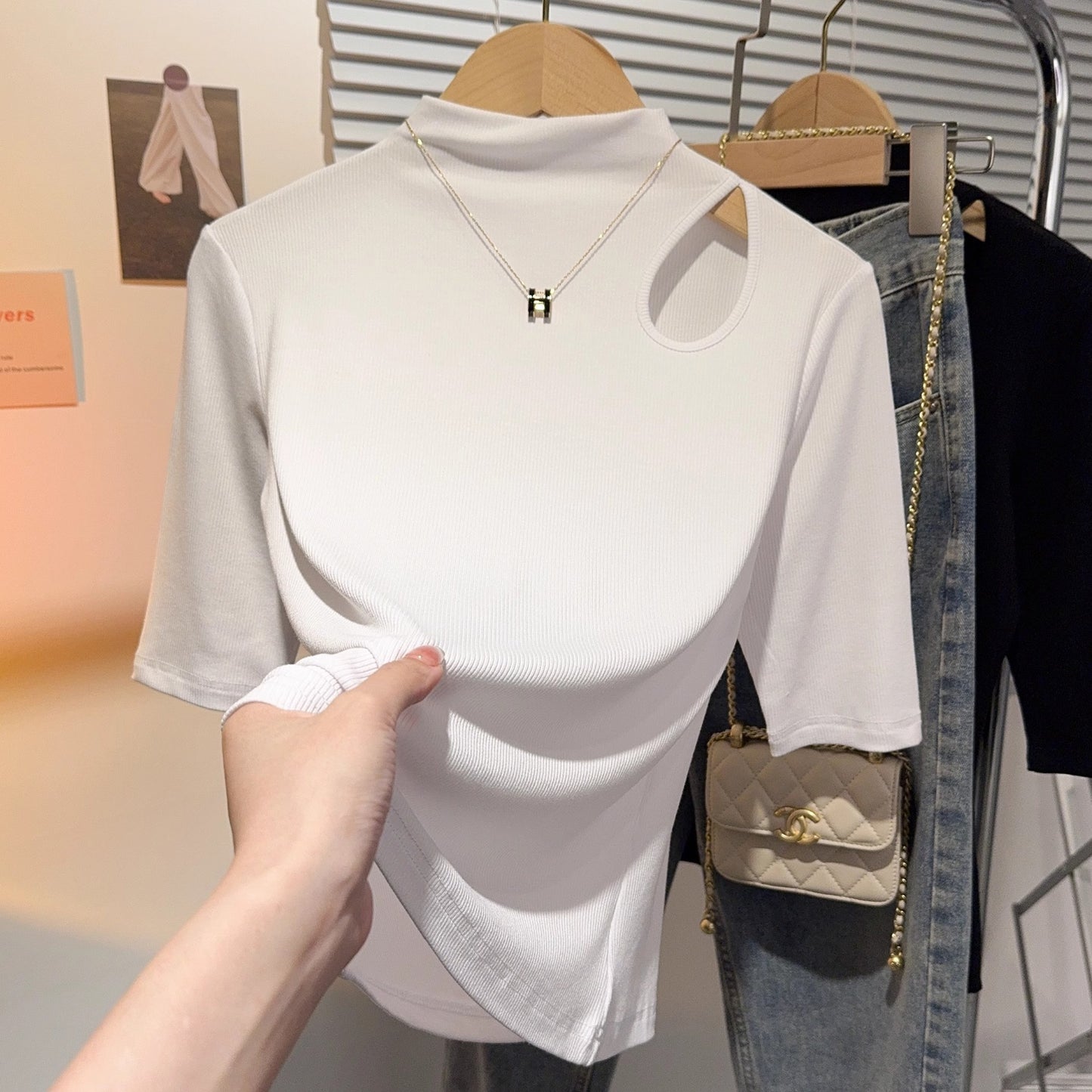 Semi-turtleneck medium-sleeved T-shirt for women's inner wear 2025 spring and summer new threaded hollow bottoming shirt white foreign style top