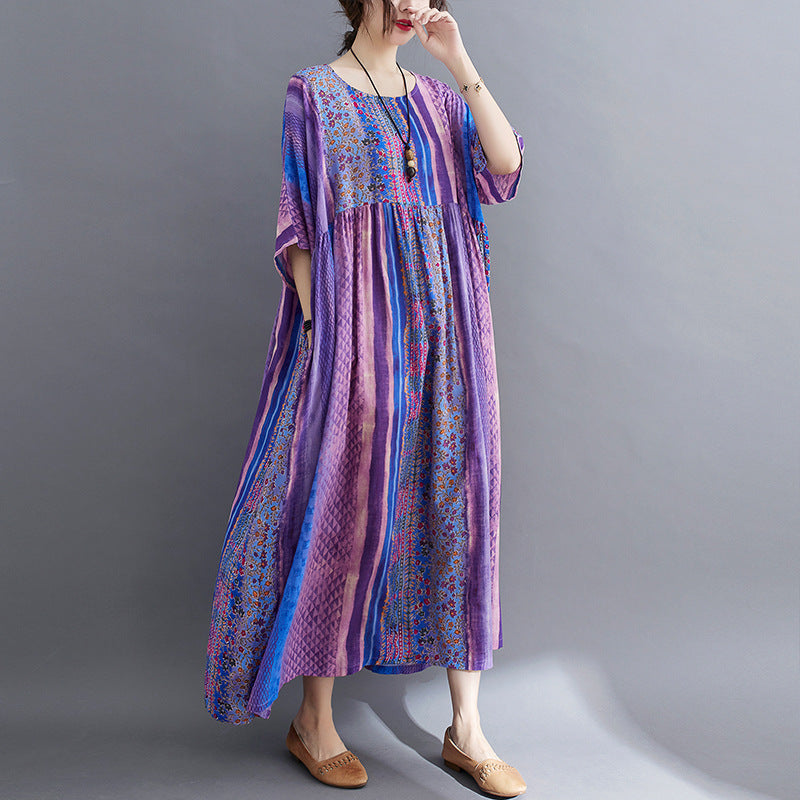 Real shot 2025 summer new literary large size loose printing round neck short sleeve dress women's long dress #6788 #