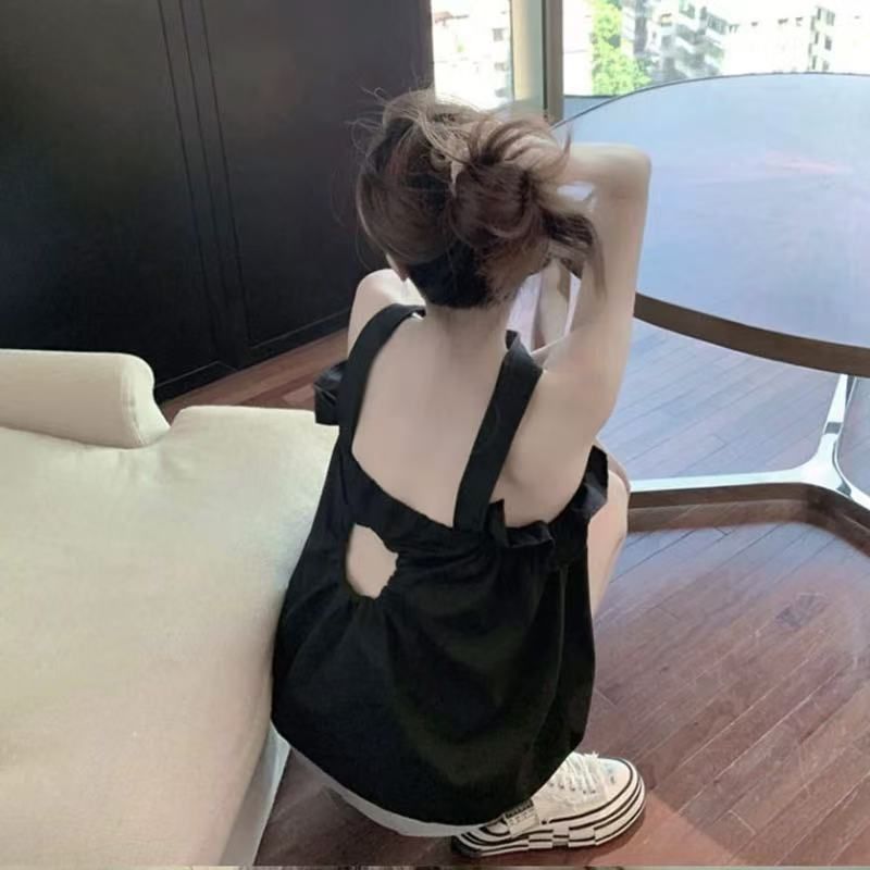 One-word shoulder top, high-end women's 2025 summer new design, niche fungus edge sling vest women's outer wear