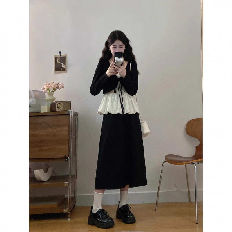 Fat MM plus-size new temperament gentle wind lace spliced strappy top + high-waisted flesh-covering skirt two-piece set