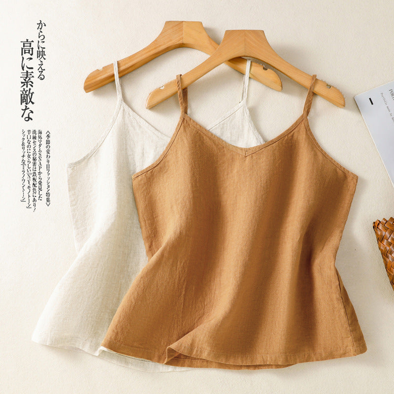 Real shot 2025 summer new cotton and linen V-neck adjustable shoulder strap simple suspender vest top women