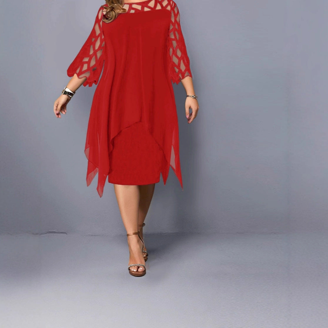 2025 Amazon AliExpress European and American lace splicing seven-quarter sleeve irregular hem chiffon dress spot