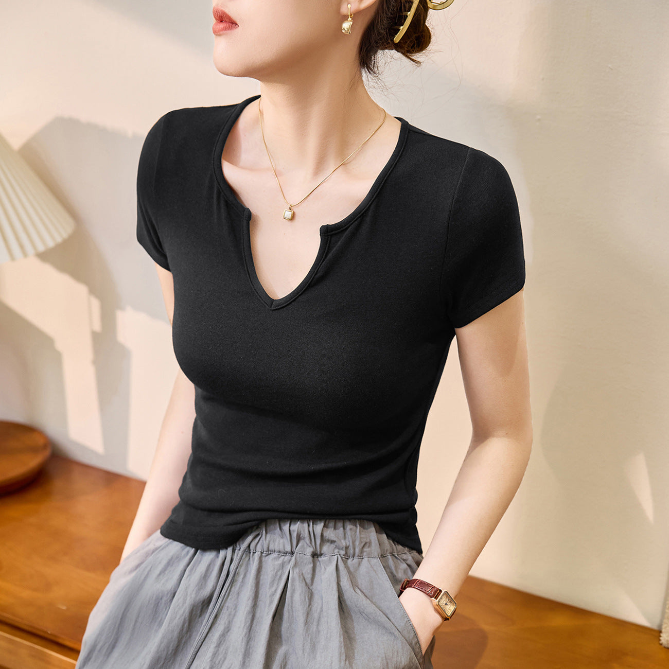 #Tencel lyocell cotton #French high-end V-neck t-shirt women's summer new curved slim-fitting high-waisted thin bottoming shirt