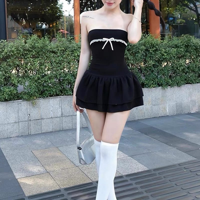 European and American style 2025 summer new women's clothing contrasting color splicing one-word collar chest-wrapped ruffle edge slim-fitting waist dress