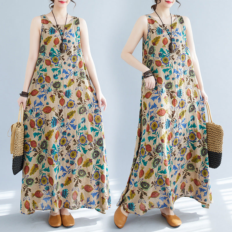 Real shot 2025 summer new literary loose cotton and linen printing round neck sleeveless dress women's medium and long #8606