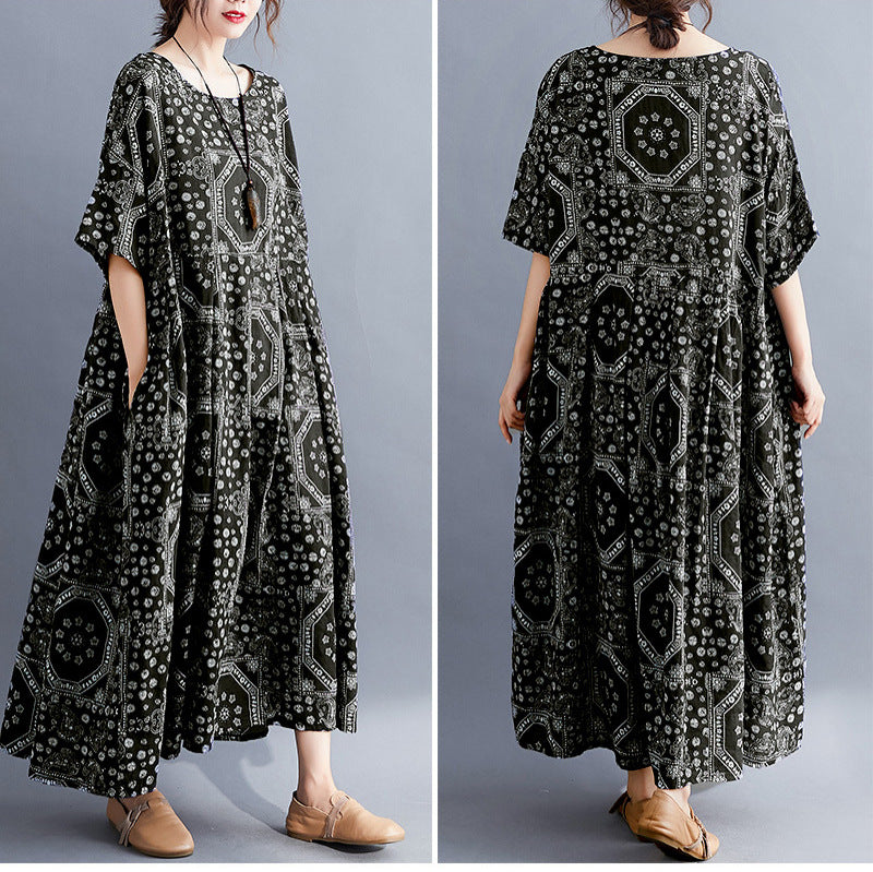 Real shot 2025 summer new literary large size loose printing round neck short sleeve dress women's long dress 6627 #