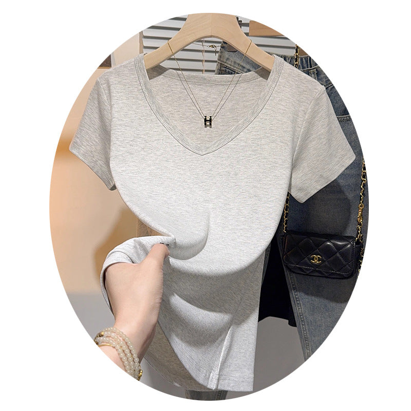 V-neck t-shirt women's short-sleeved summer 2025 new slim-fit front shoulder sexy hottie low-neck short threaded knitted top