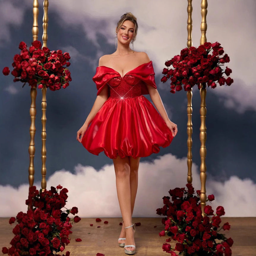 New Amazon cross-border European and American women's clothing high-end fluffy hem dress, temperament V-neck tight short dress