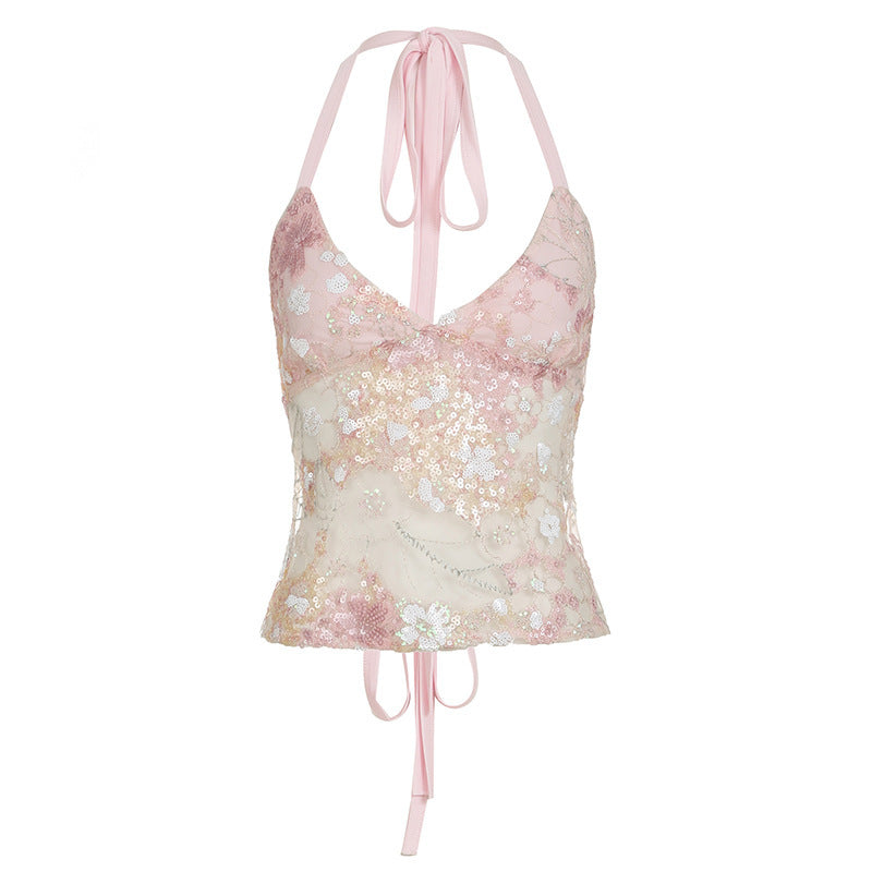 Sweet and spicy design, reflective sequined mesh vest, sexy perspective, one-piece halter strap, neck sling.