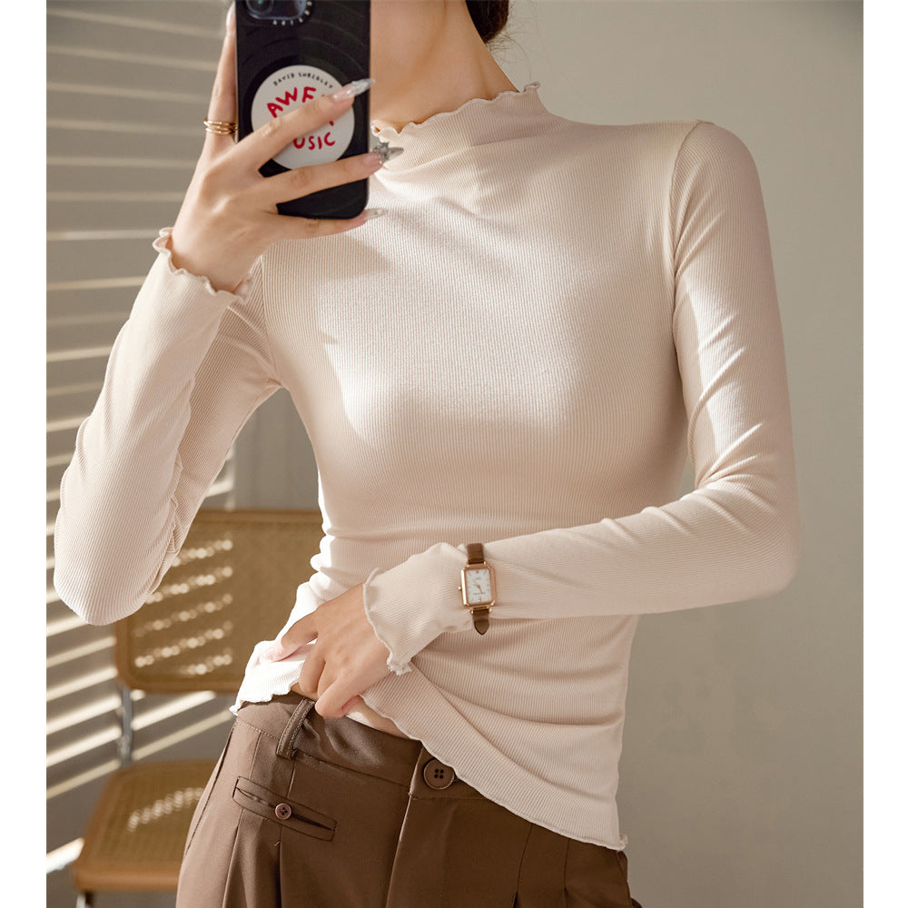 Fungus crimped semi-turtleneck bottoming shirt women's long-sleeved T-shirt 2026 autumn and winter new shirt slim and thin top