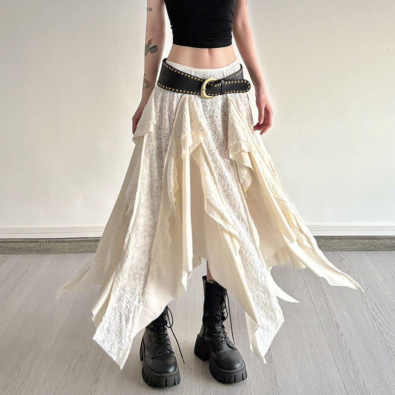 American retro design irregular wavy edge skirt Spice girl slim personality versatile double-layer stacked medium and long skirt