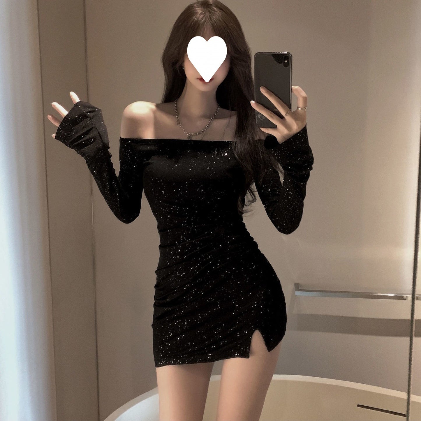 One-word shoulder dress women's slim-fit diamond-encrusted long-sleeved irregular hip-wrapped short skirt early autumn 2025 new black skirt