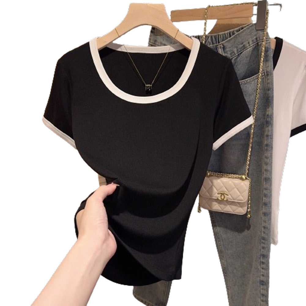 Contrasting Splicing Short Sleeve T-Shirt Women's Threaded Knitted Bottom Shirt Black Top Slim Spice Girl Front Shoulder Women's Low Neck