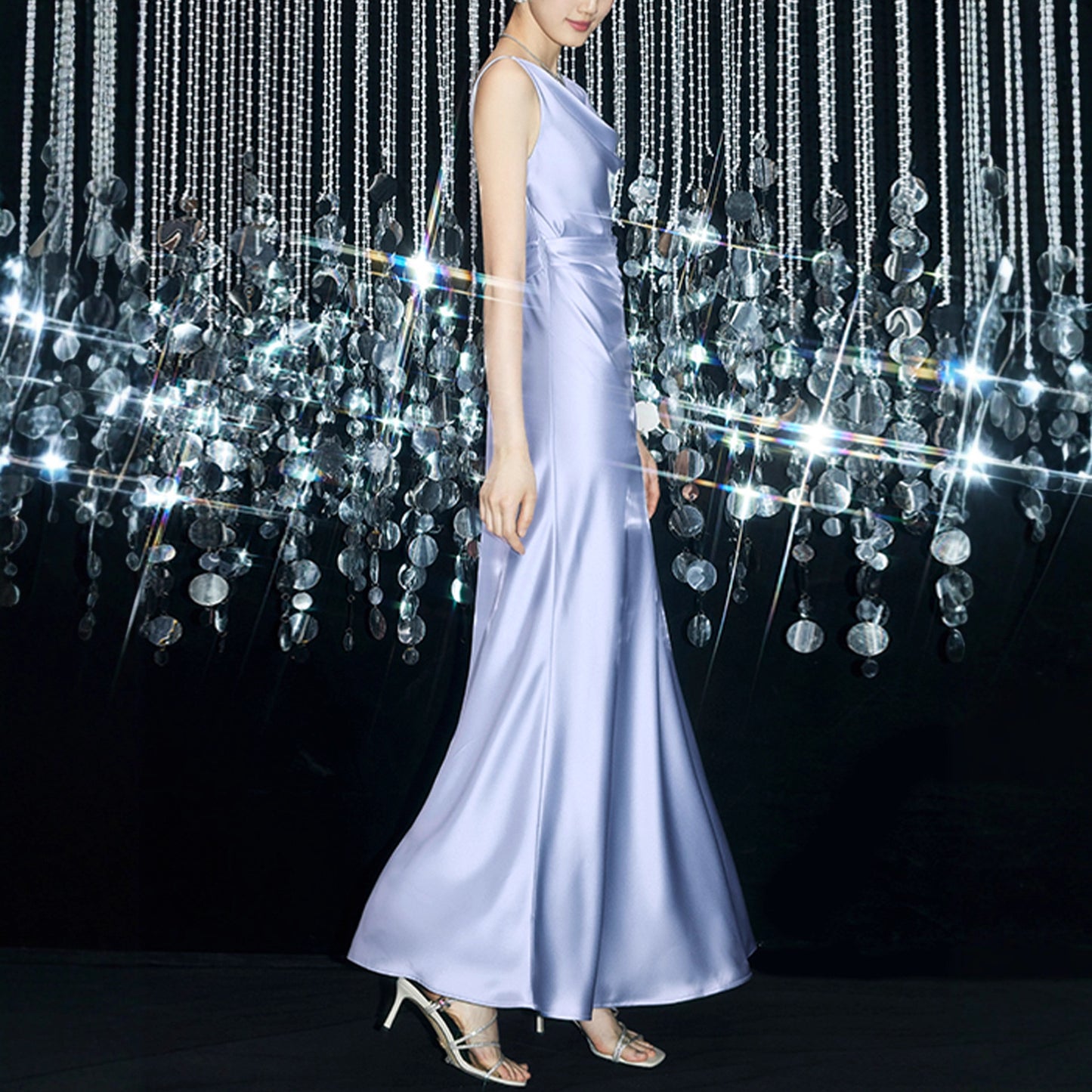 Haute couture imported acetic acid light luxury swinging collar summer temperament celebrity style royal sister feeling glossy pleated waist dress