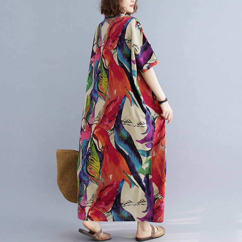 Real shot 2025 summer new literary large size loose printing cotton and linen V-neck short-sleeved dress women's beach dress