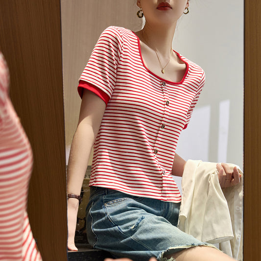 #Combed pure cotton #foreign style striped t-shirt women's square neck short sleeve 2026 summer new contrasting color button-up versatile top