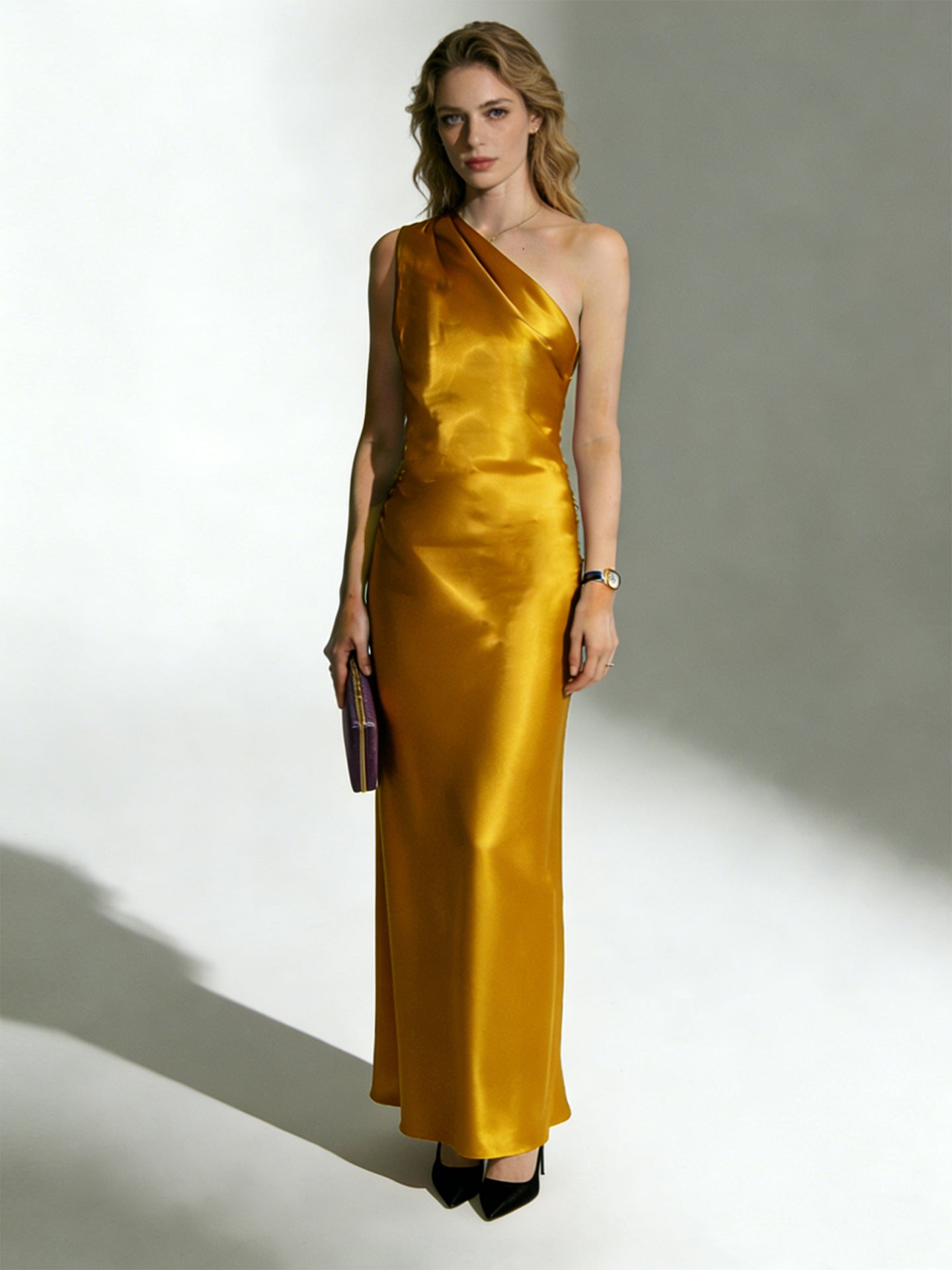 Haute couture seaside vacation wedding party Muse acetate satin gloss shoulder halter dress sexy dress