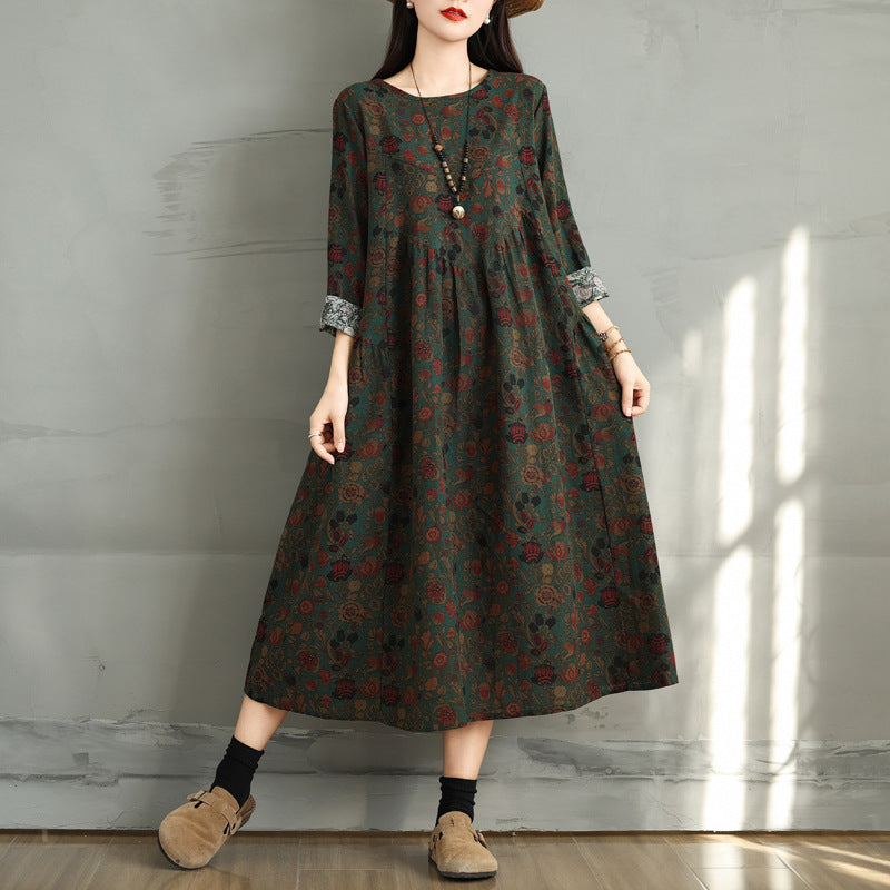 The real shot is the new cotton and linen printed long-sleeved dress in the spring of 2025. Women's loose large-size thin splicing A-shaped skirt