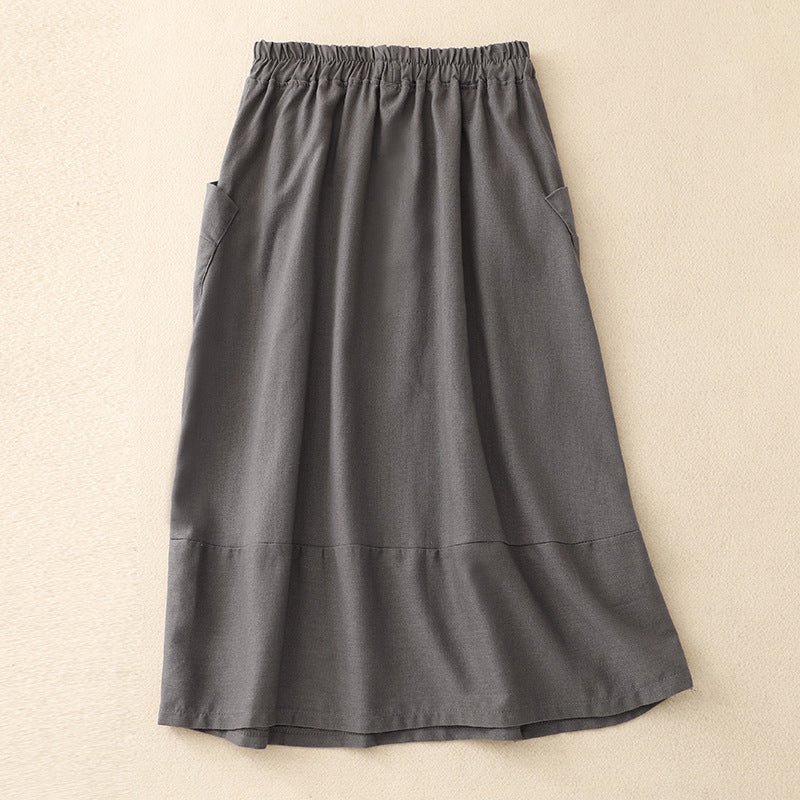 Real shot 2025 autumn new cotton and linen literary and retro skirt high waist loose and thin elastic waist skirt