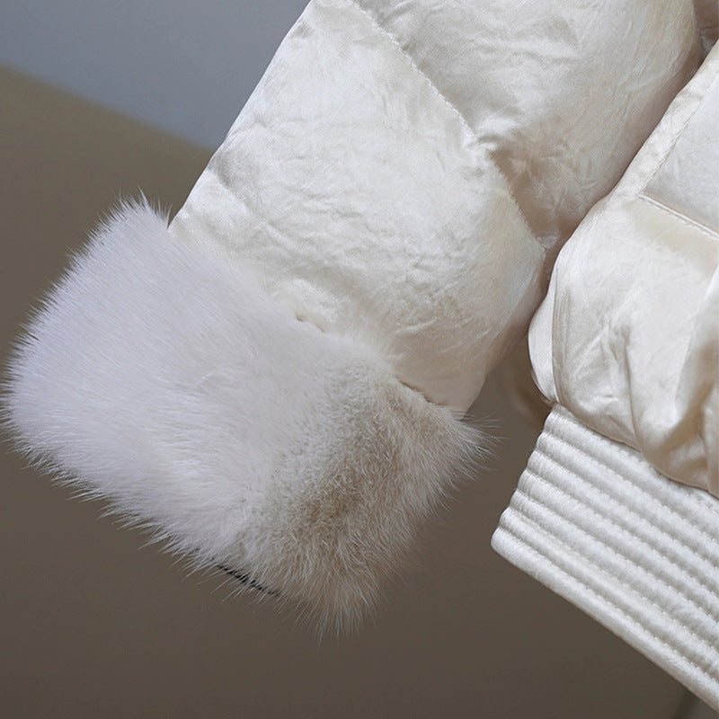 New Chinese-style imported full acetic acid splicing real fur fur goose down clothing V-neck autumn and winter down jacket foreign style advanced sense