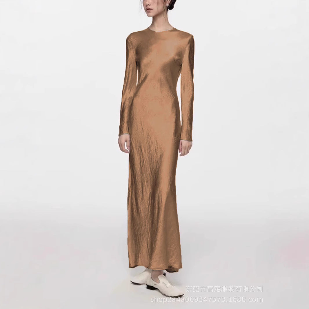 Haute couture 100% acetic acid, spring and autumn French elegance temperament fashionable pole extreme sense satin pleated long-sleeved dress women