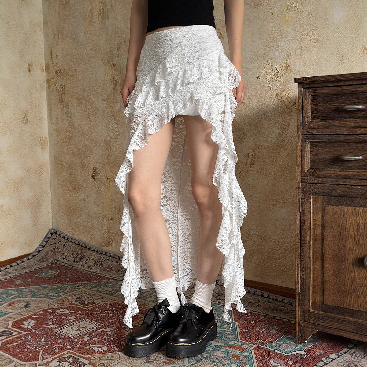 Lace streamer irregular skirt women's summer stacked ruffle edge hem skirt curtain diagonal edge solid color mesh skirt