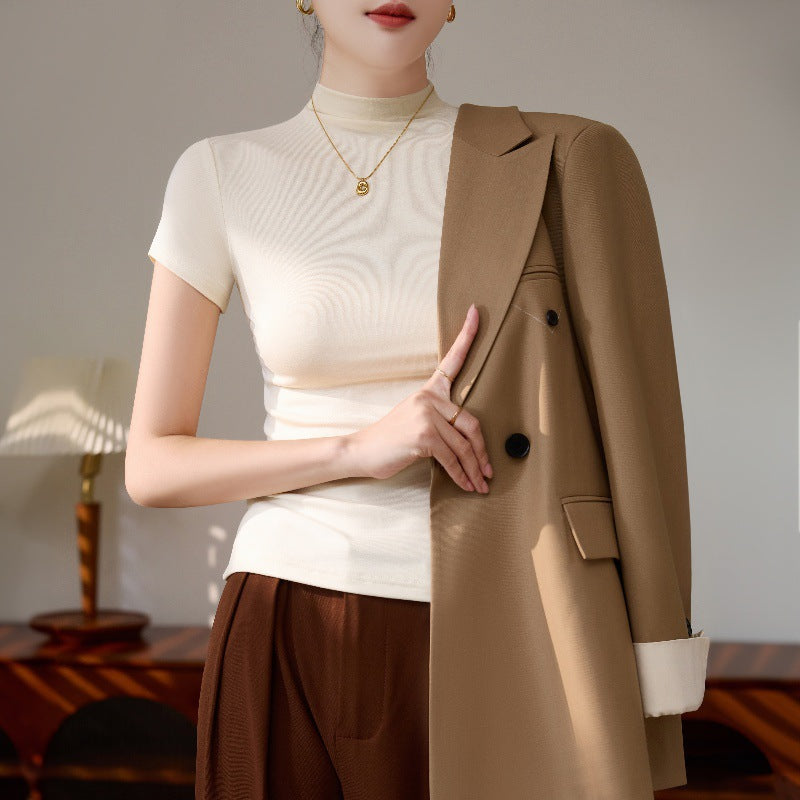 Korean version of dopamine wear, shoulder ice silk short-sleeved T-shirt, women's semi-turtleneck, summer thread slimming base shirt top