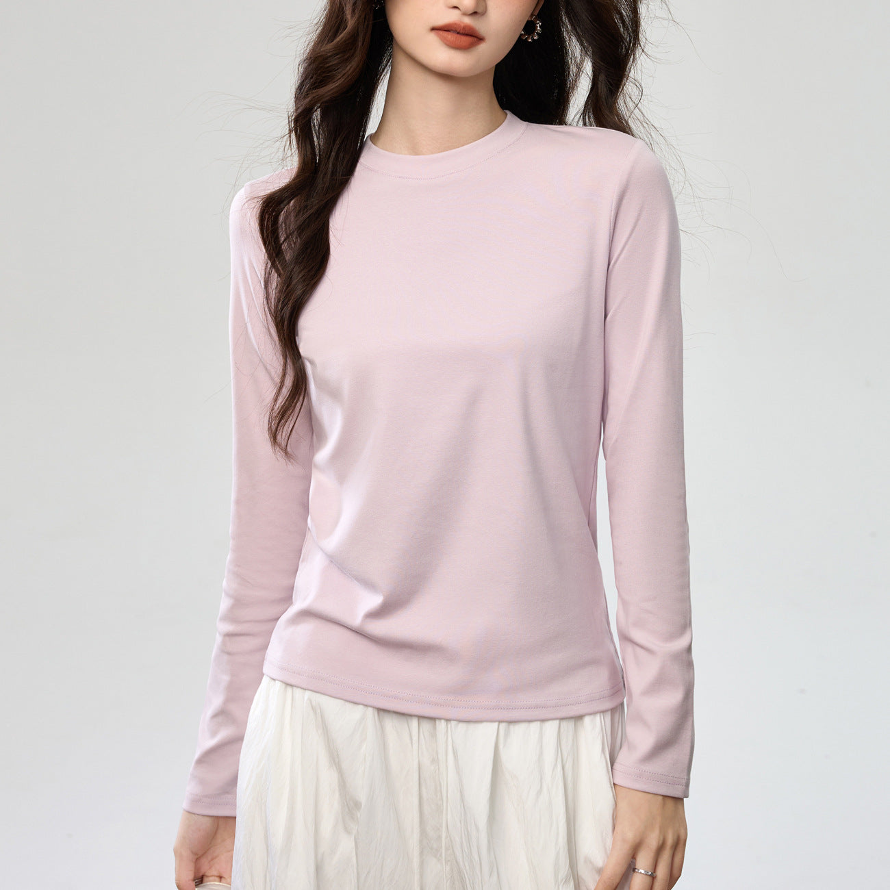 40支精梳纯棉 宽松直筒T恤女半高圆领长袖打底衫纯色百搭粉色上衣