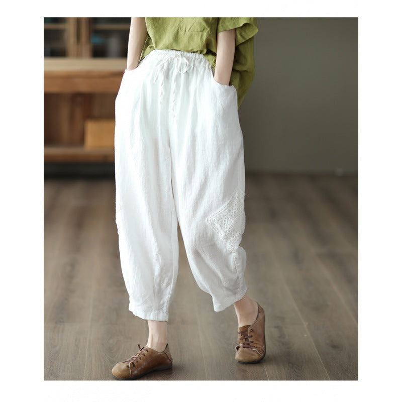 2025 summer new literary loose solid color cotton and linen elastic waist Harlan pants women's nine-point pants #1319