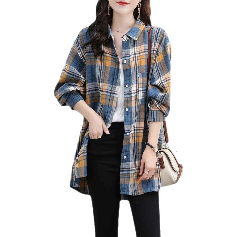 Spring 2024 new polished plaid long-sleeved Korean version loose retro medium and long shirt top women