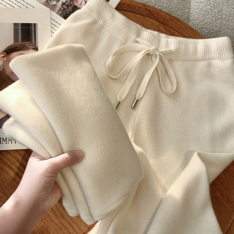 Thickened soft waxy texture 100% wool knitted wide-leg pants women's autumn and winter wear straight cashmere casual drape trousers